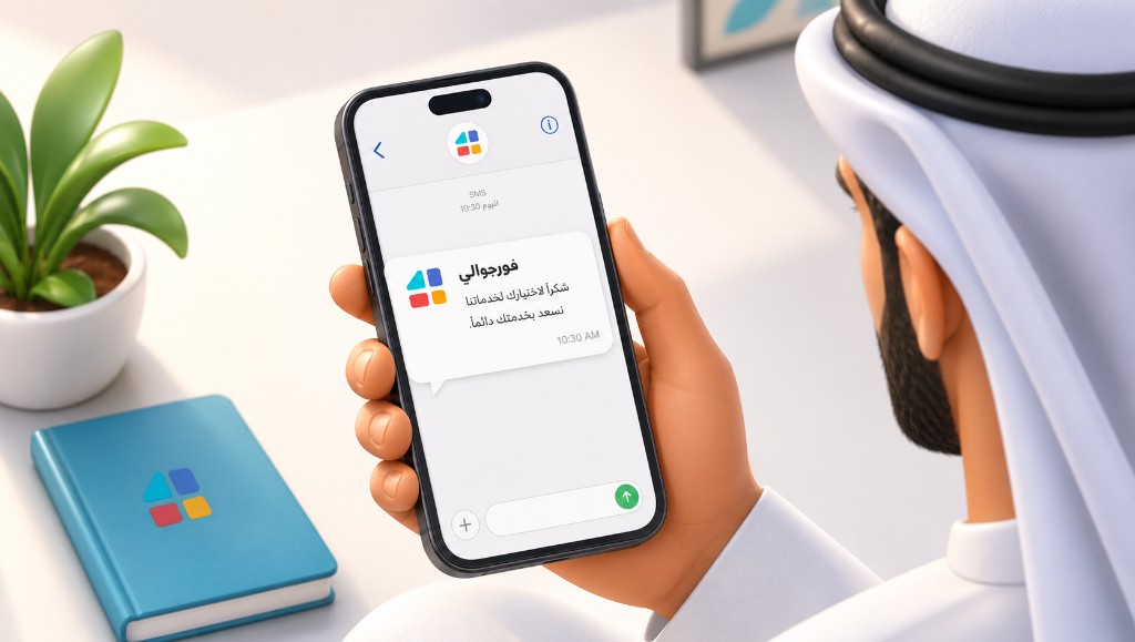 Hand holding smartphone displaying SMS from 4jawaly - bulk SMS service