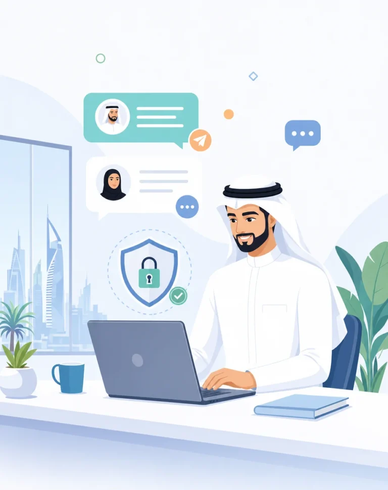رجل خليجي يستخدم اللابتوب للحماية من الاحتيال عبر الرسائل النصية SMS بأمان