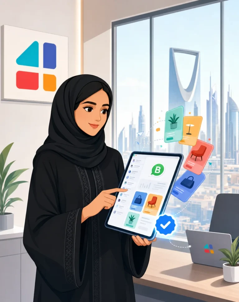 سيدة سعودية بعباءة تستعرض تطبيق واتساب للأعمال على جهاز لوحي في مكتب بالرياض