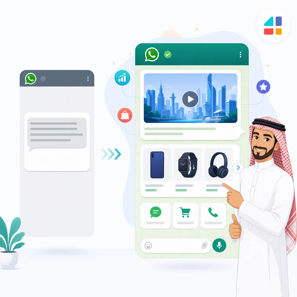 مقارنة واتساب التقليدي وواتساب بيزنس بميزات المتجر والوسائط مع رجل سعودي