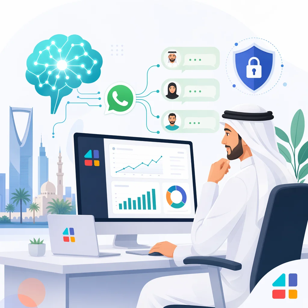 رجل سعودي يستخدم واتساب للأعمال WhatsApp Business مع تحليلات ذكاء اصطناعي ومحادثات آمنة