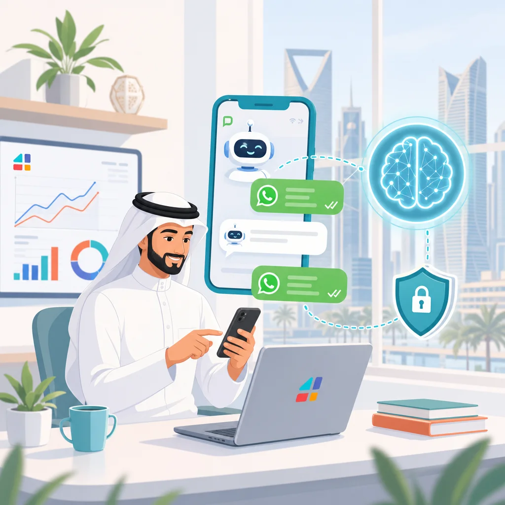 رجل سعودي يستخدم واتساب بيزنس مع شات بوت ذكاء اصطناعي لإدارة الأعمال