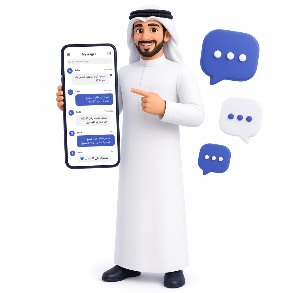 رجل سعودي يعرض خدمة الرسائل النصية SMS ورموز OTP على هاتف ذكي من فورجوالي