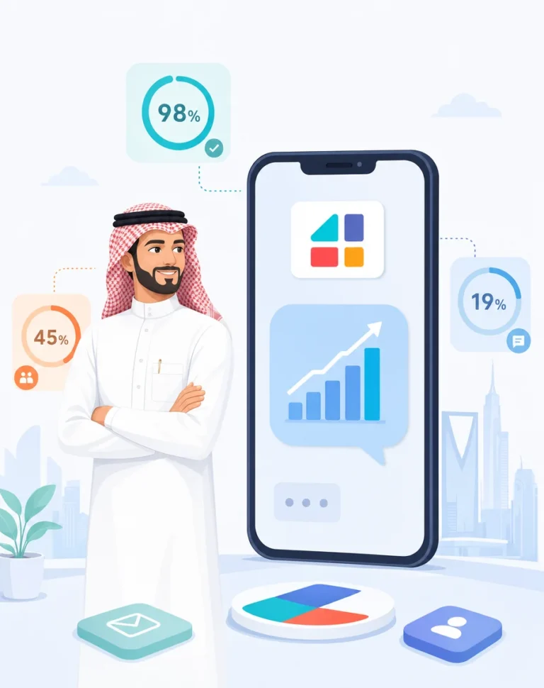 رجل أعمال سعودي أمام هاتف ذكي يعرض لوحة مؤشرات ونمو تسويق الرسائل القصيرة