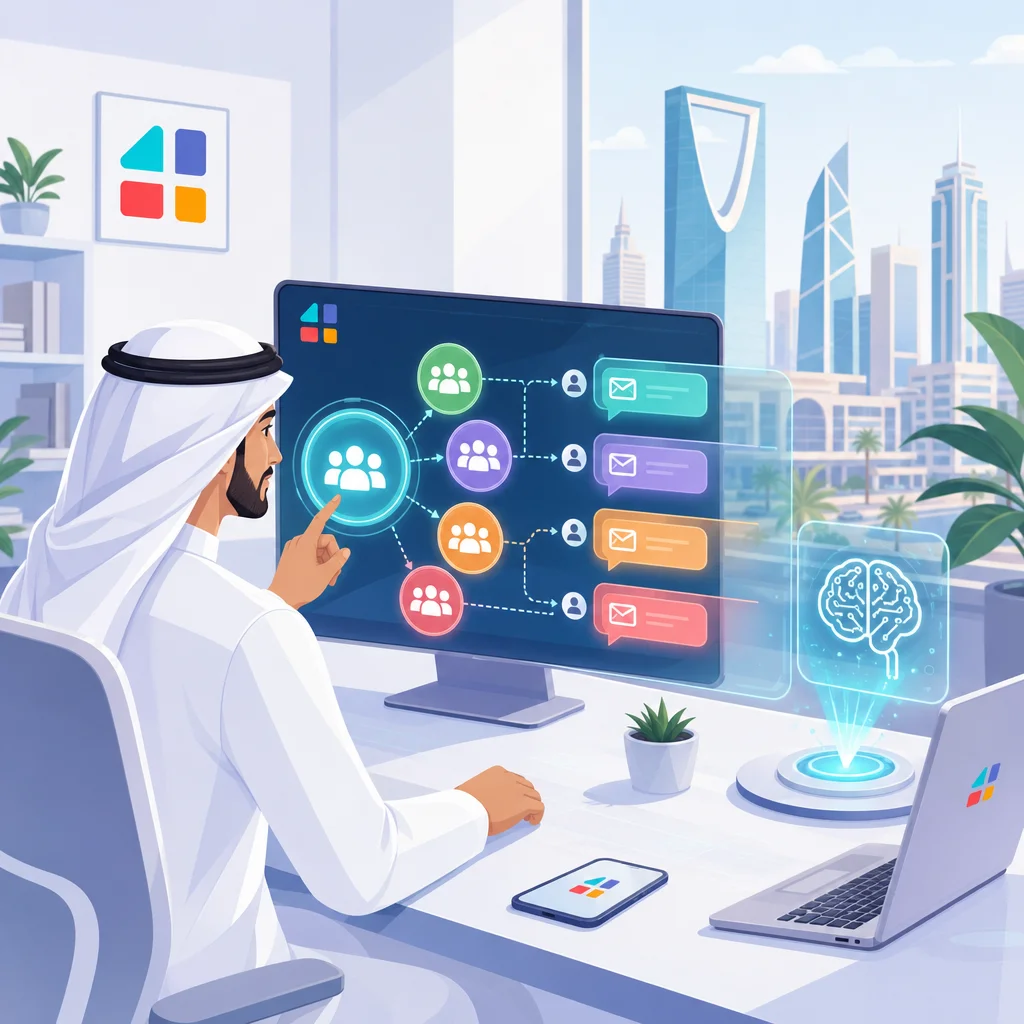 رجل أعمال سعودي يحلل إحصائيات تسويق SMS 2026 على شاشة ذكية بمكتب حديث