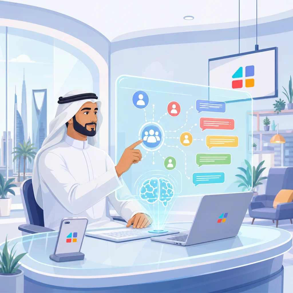 رجل سعودي يستعرض إحصائيات تسويق SMS 2026 عبر شاشة تفاعلية ذكية