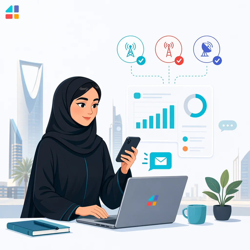سيدة سعودية تستخدم الهاتف واللابتوب لشرح إلغاء حجب الرسائل الدعائية وتحليل الاتصالات
