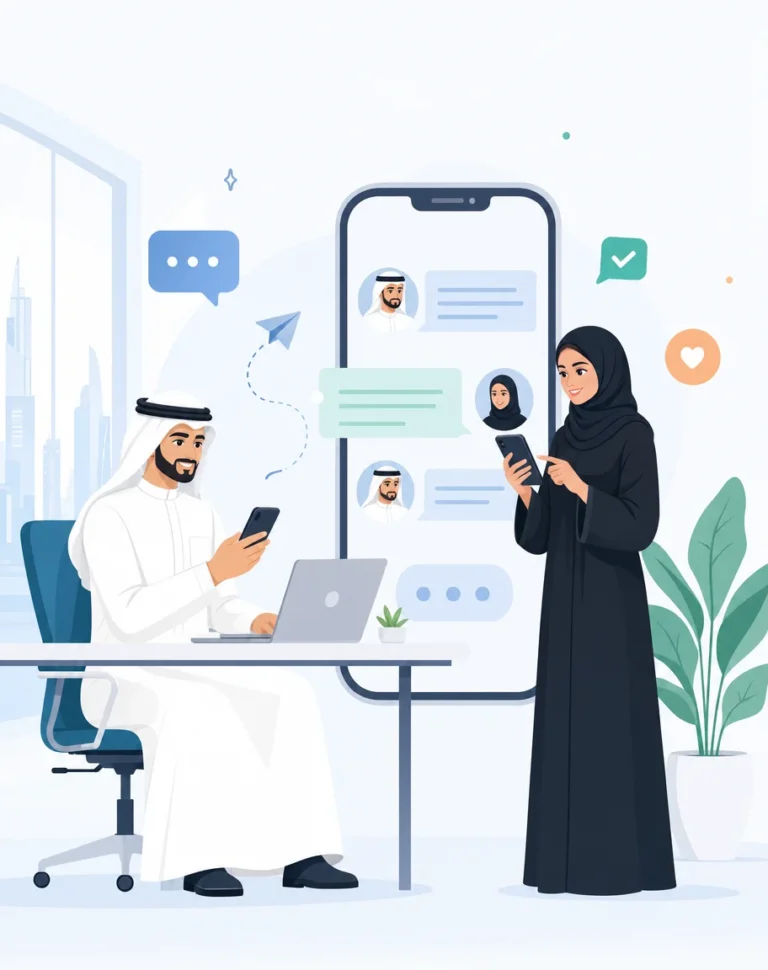 رجل إماراتي وامرأة خليجية يستخدمان الهواتف أمام واجهة دردشة تمثل WhatsApp للأعمال