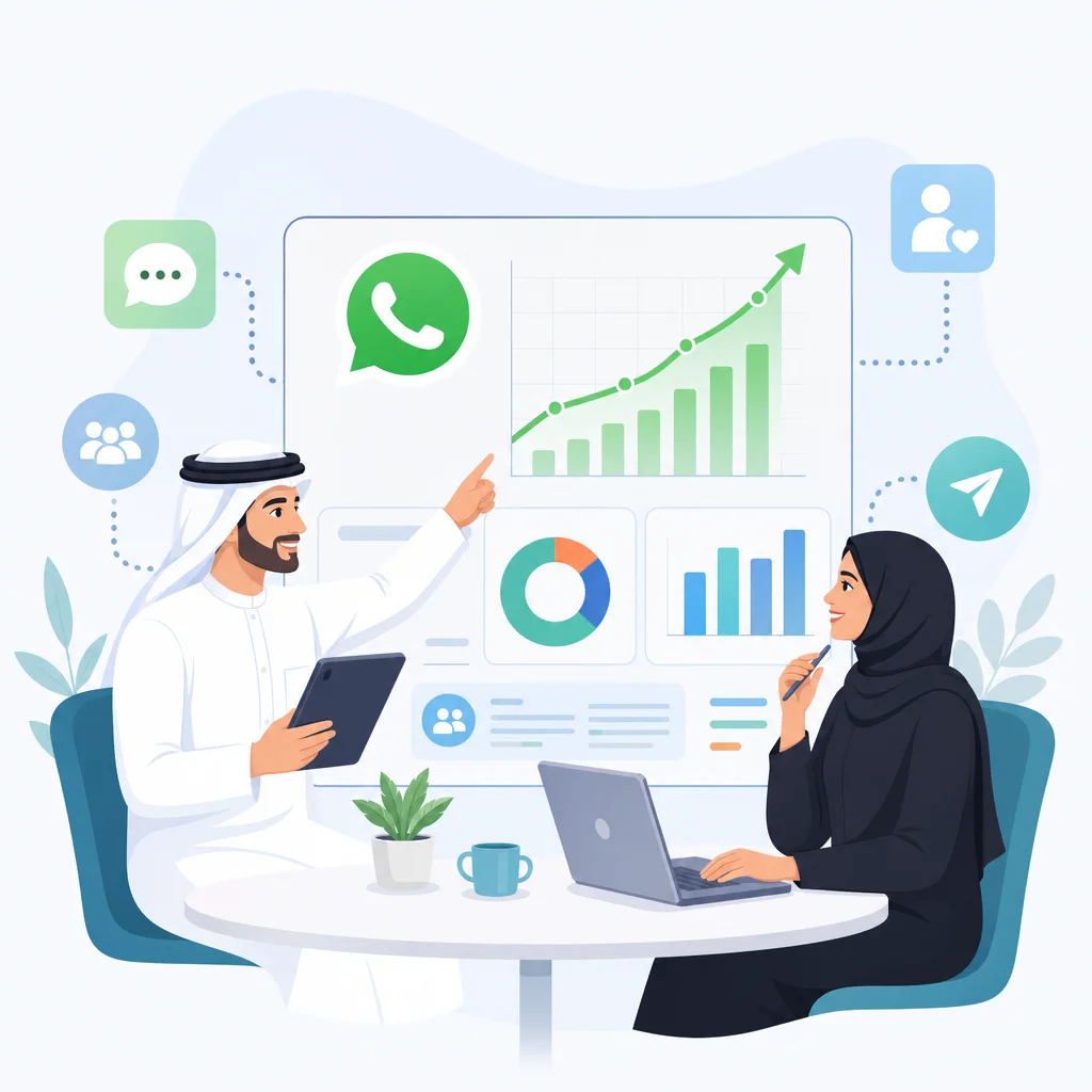 رجل وامرأة يحللان إحصائيات WhatsApp 2026 ونمو المنصة على شاشة تفاعلية