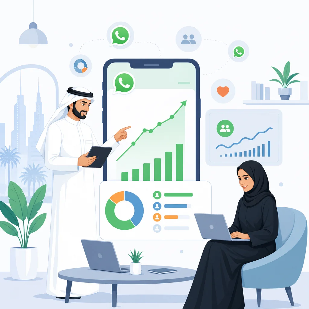 رجل وامرأة سعوديان يحللان إحصائيات WhatsApp 2026 ونمو المنصة للشركات