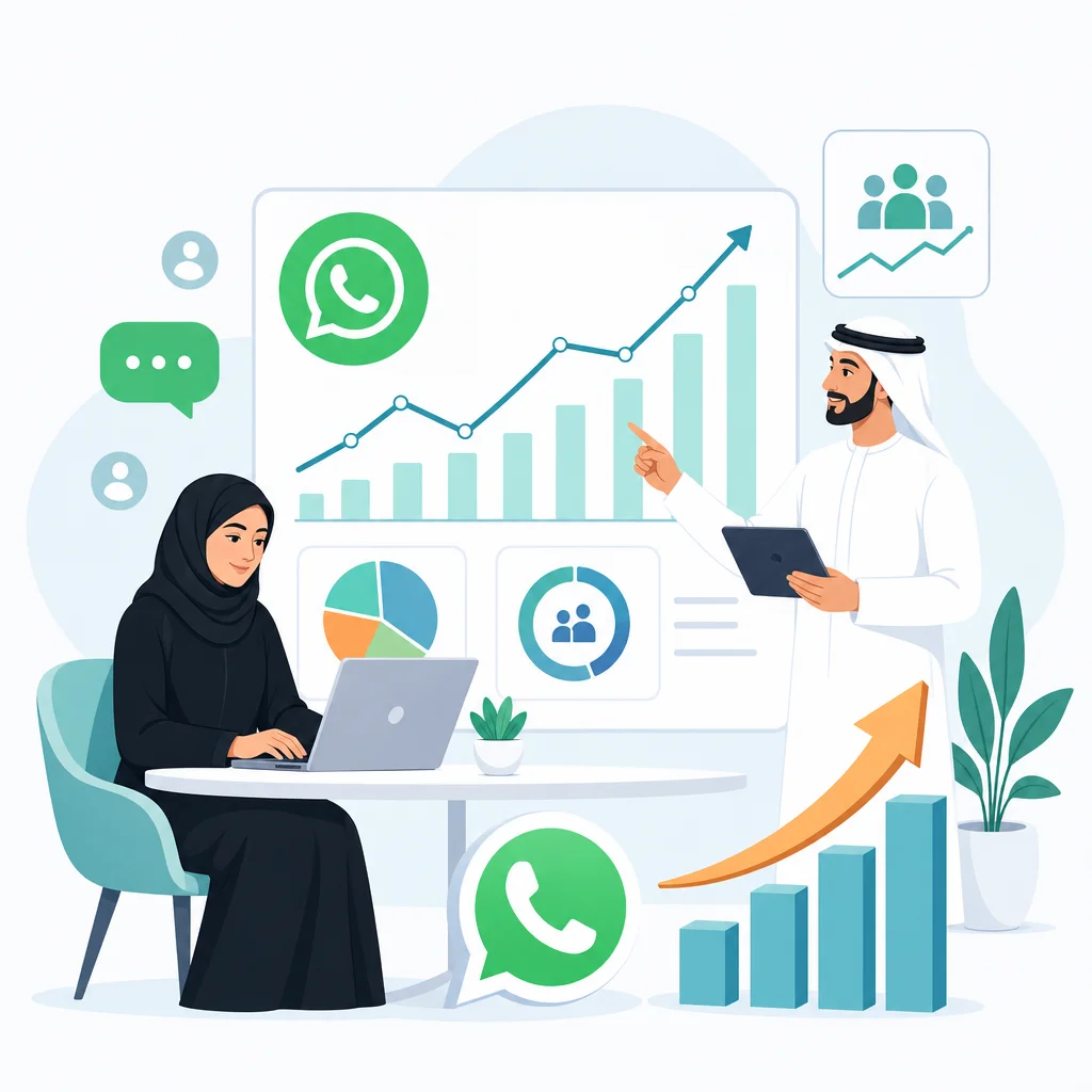 رجل وامرأة خليجيان يحللان إحصائيات WhatsApp 2026 ونمو المنصة للشركات
