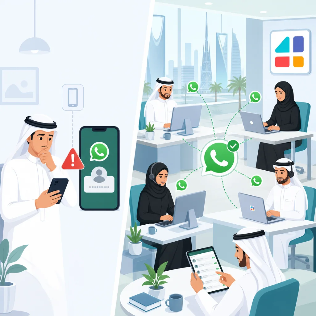 مقارنة استخدام واتساب بدون رقم بين مستخدم فردي وفريق عمل سعودي في مكتب حديث
