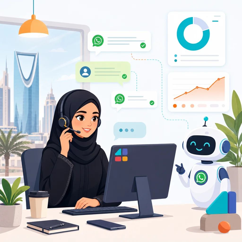 رسم يوضح استخدام واتساب بدون رقم عبر الكمبيوتر مع موظفة دعم وروبوت