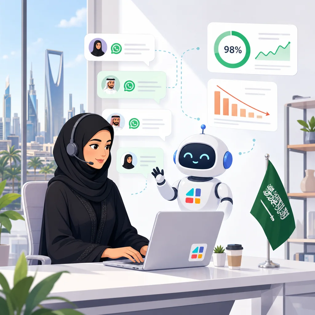 موظفة سعودية تستخدم واتساب بدون رقم عبر روبوت ذكي على اللابتوب في مكتب الرياض