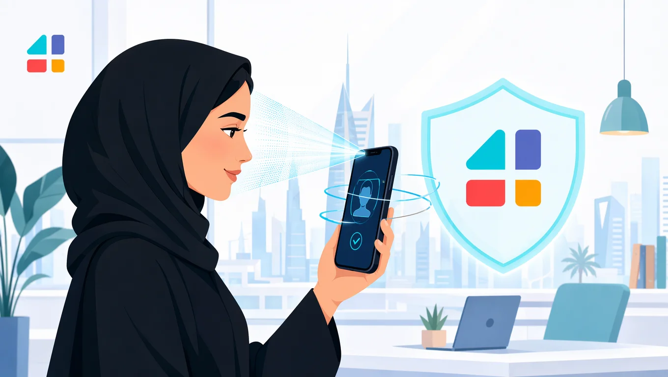 امرأة سعودية تستخدم تقنية التعرف على الوجه لتسجيل الدخول في فورجوالي بأمان
