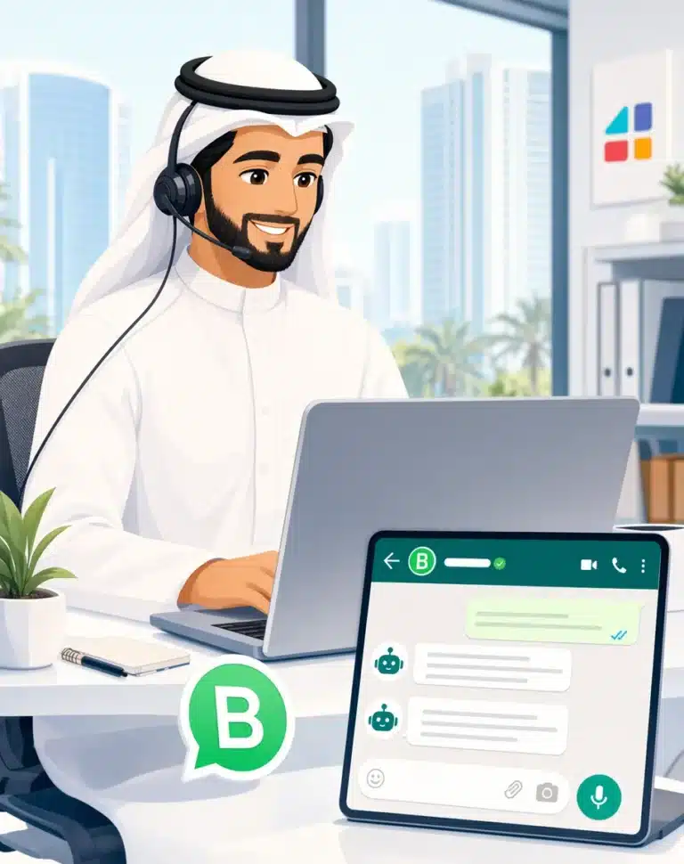 موظف خدمة عملاء سعودي يستخدم الرد الآلي على واتساب أعمال عبر فورجوالي