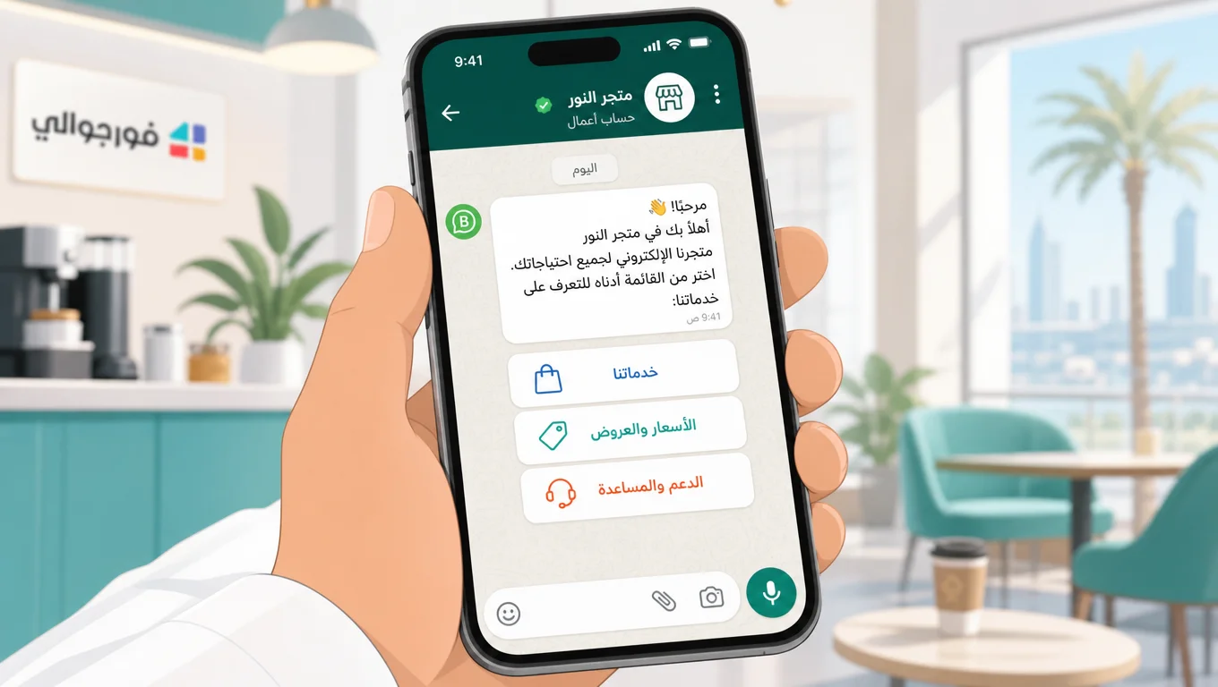 يد تحمل هاتف يعرض محادثة واتساب أعمال مع الرد الآلي لمتجر النور عبر فورجوالي