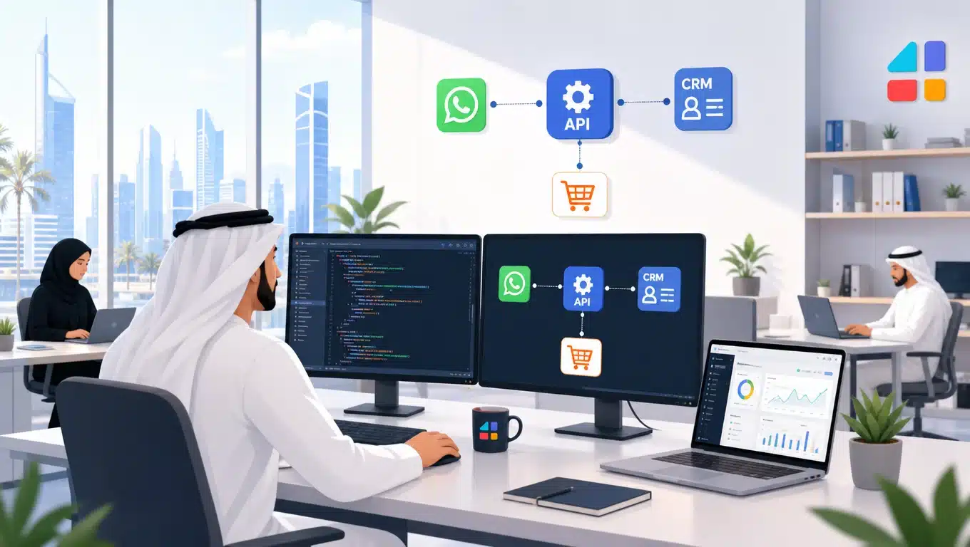 مطور عربي يبرمج الرد الآلي لواتساب أعمال مع تكامل API وCRM في دبي