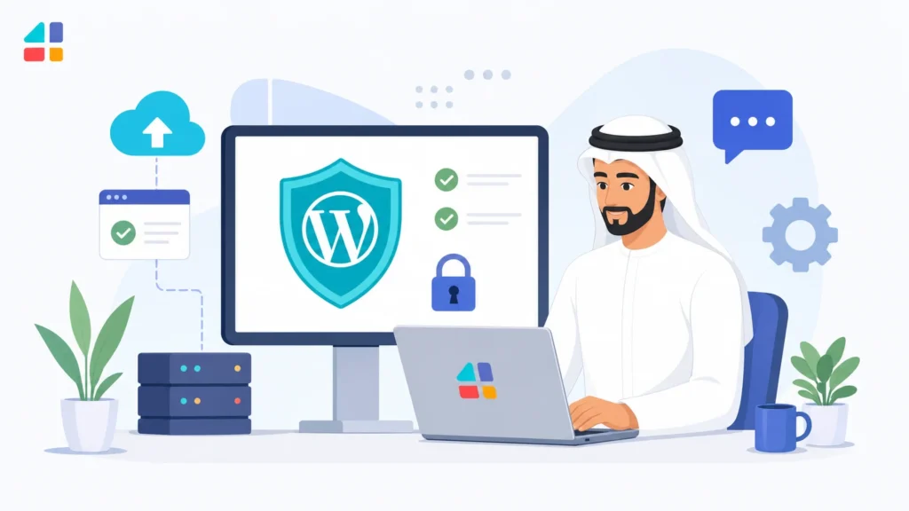 رسم توضيحي لحماية وردبريس يظهر درع أمان وقفل وخادم ومستخدم عربي