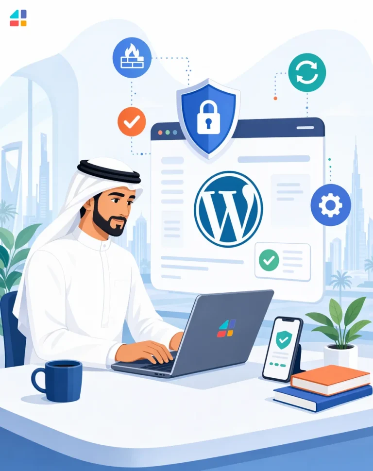 رسم توضيحي لمسؤول موقع يستخدم وردبريس مع درع حماية وتنبيهات ثغرة أمنية