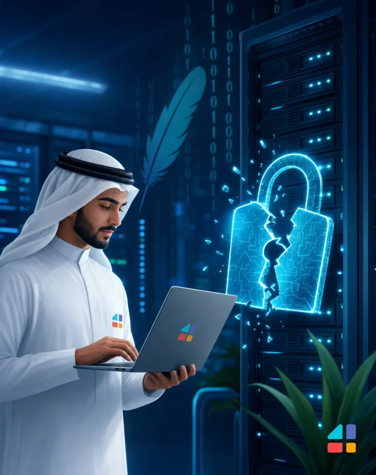 مسؤول تقنية سعودي يفحص خادماً مع قفل رقمي مكسور يرمز لثغرة apache الحرجة