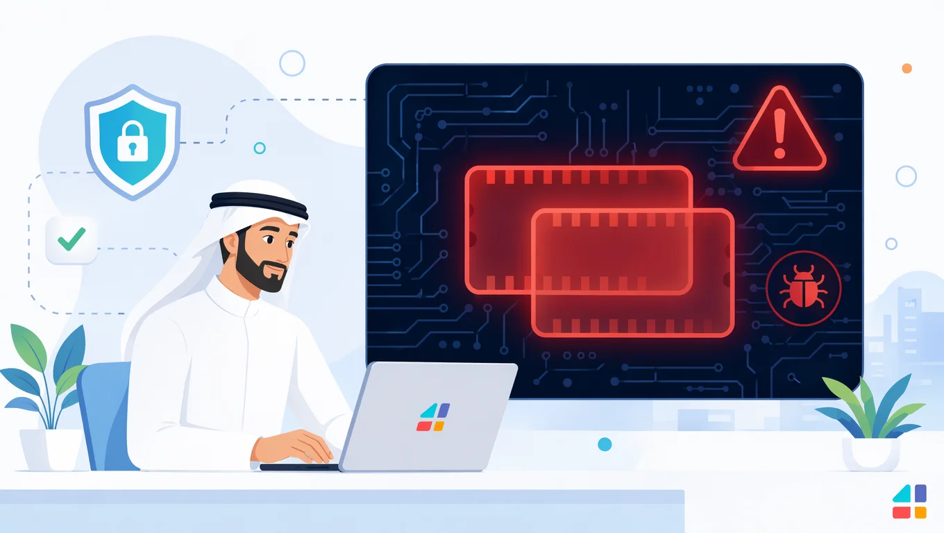 رسم توضيحي لمسؤول سعودي أمام شاشة تحذير يشرح ثغرة apache وخطر هجمات HTTP/2