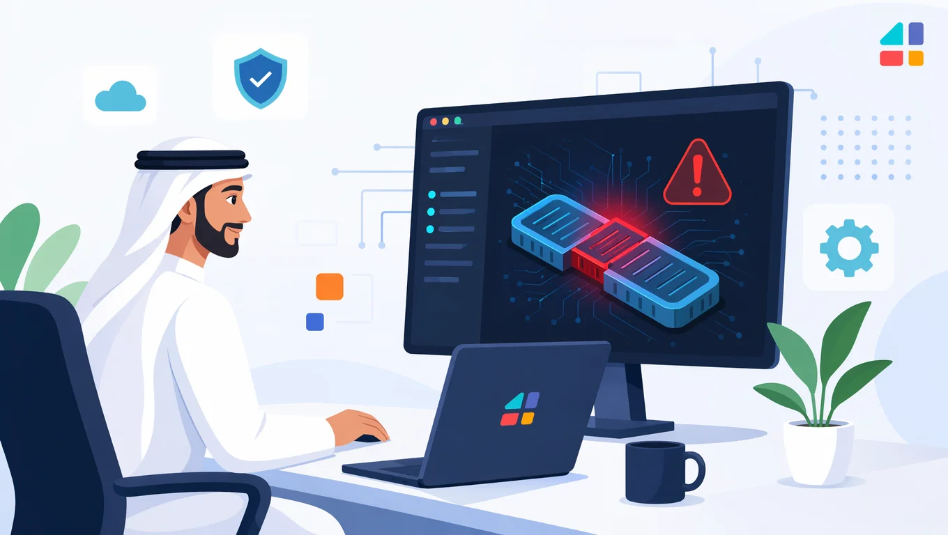 مسؤول تقني عربي يراقب ثغرة apache على شاشة تعرض تحذيراً ورابطاً مكسوراً