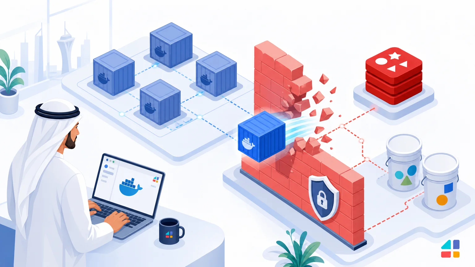 رسم يوضح حاويات Docker تتجاوز جدارا ناريا نحو Redis في OpenC3 COSMOS