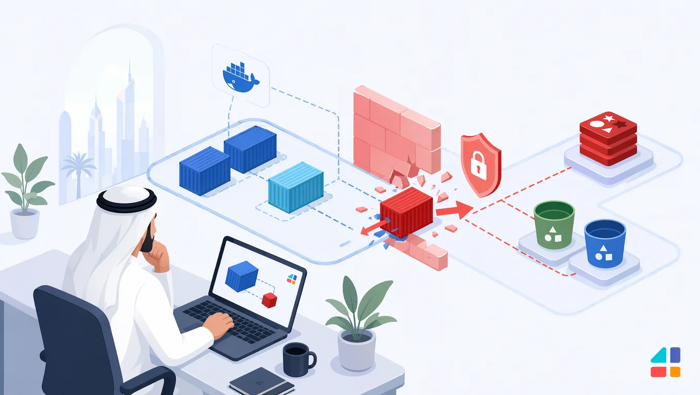 رسم يوضح اختراق حاوية OpenC3 COSMOS وتجاوز الجدار للوصول إلى Redis وDocker