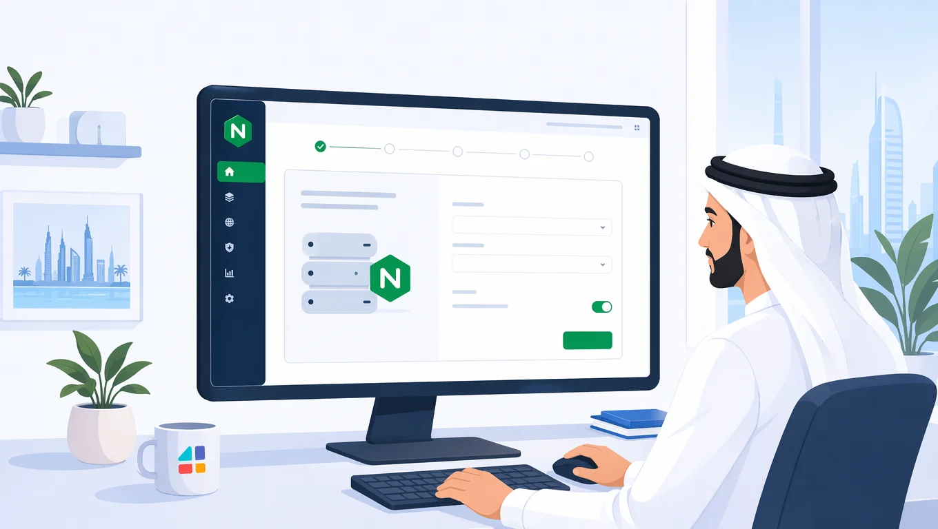 واجهة nginx UI على شاشة كمبيوتر أثناء إعداد خادم مع مخاطر أمنية