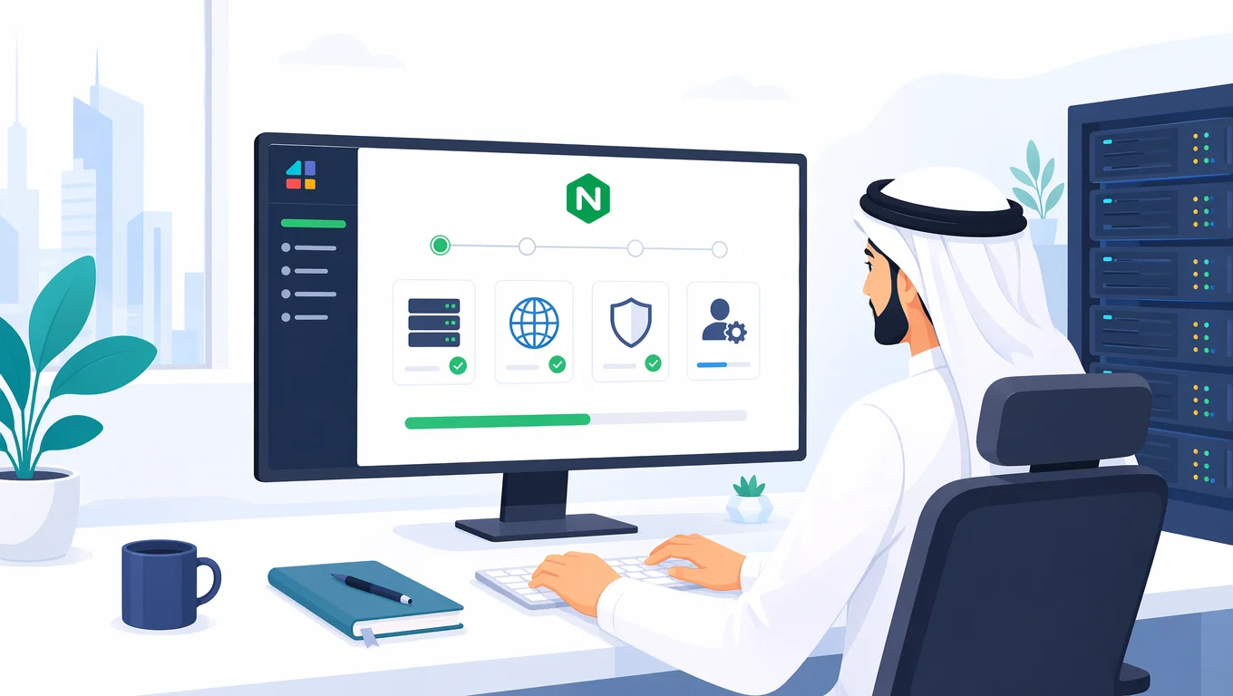 مسؤول نظام يراجع واجهة nginx UI أثناء الإعداد الأولي داخل غرفة خوادم آمنة