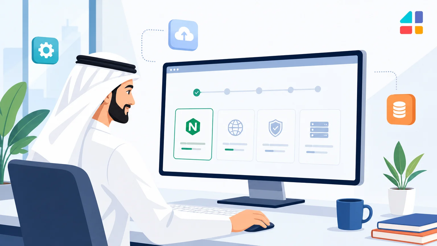 رسم توضيحي لواجهة nginx UI أثناء الإعداد مع مؤشرات أمان وسيطرة على الخادم