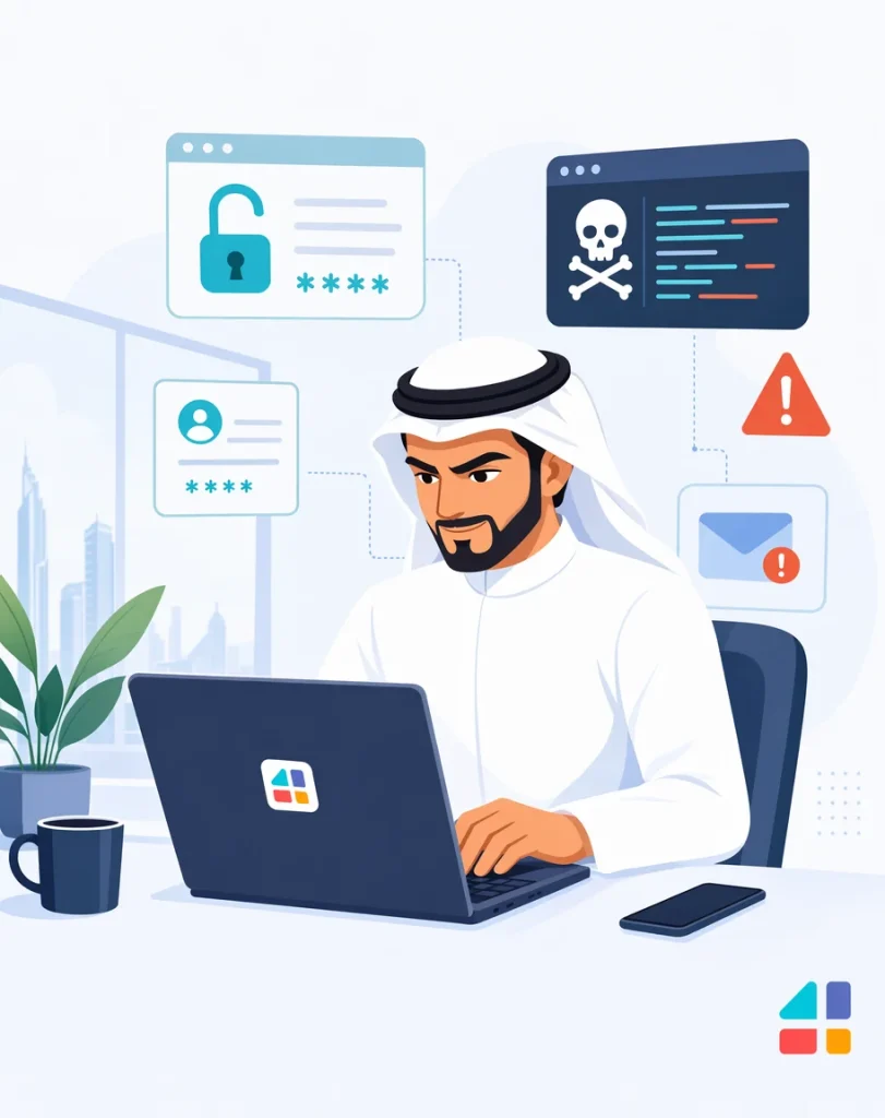 رجل يعمل على حاسوب محاط برموز اختراق وتنبيهات أمنية مرتبطة بثغرة nginx UI