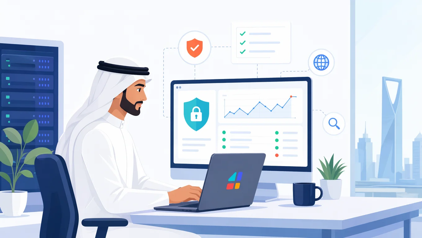 رسم توضيحي لمسؤول تقنية يراقب لوحة أمان nginx مع خوادم ومؤشرات حماية