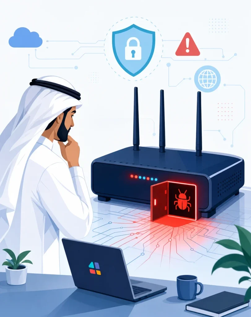 رسم يوضح ثغرة D-Link DIR-605L وباب خلفي في الراوتر مع تحذير أمني