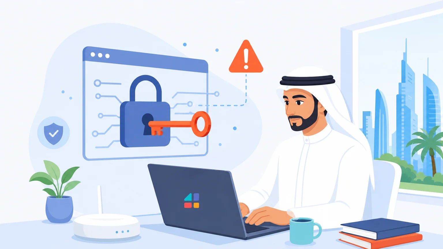 رسم يوضح مخاطر ثغرة D-Link DIR-605L مع قفل رقمي وتنبيه أمني