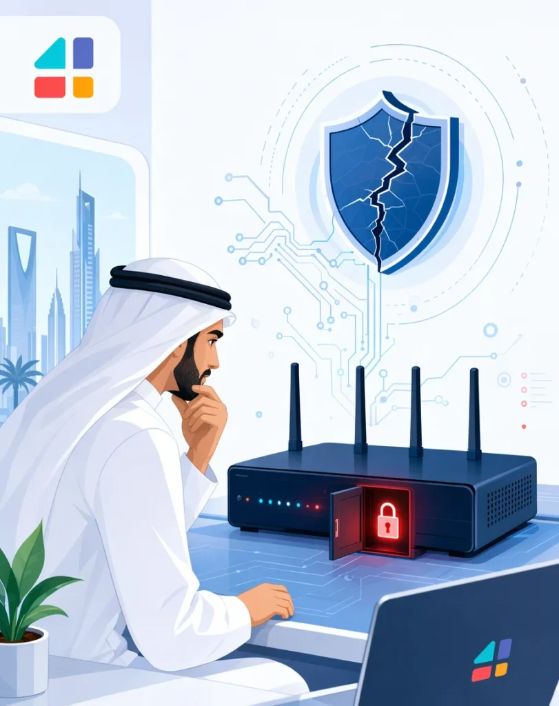 مختص أمن سعودي يفحص جهاز راوتر D-Link DIR-600L مع درع أمني متصدع يوضح ثغرة Telnet