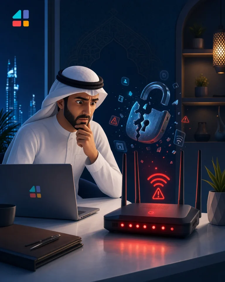 رجل سعودي قلق يفحص ثغرة راوتر D-Link DIR-600L مع قفل مكسور ورمز واي فاي تحذيري