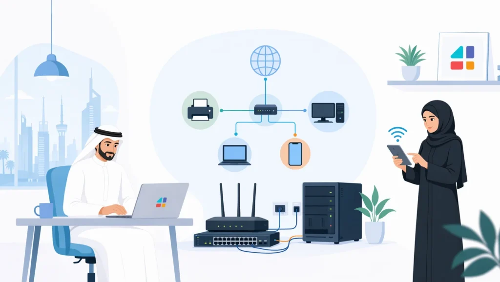 رسم توضيحي لراوتر متصل بأجهزة متعددة يوضح خطر ثغرة تلنت الأمنية