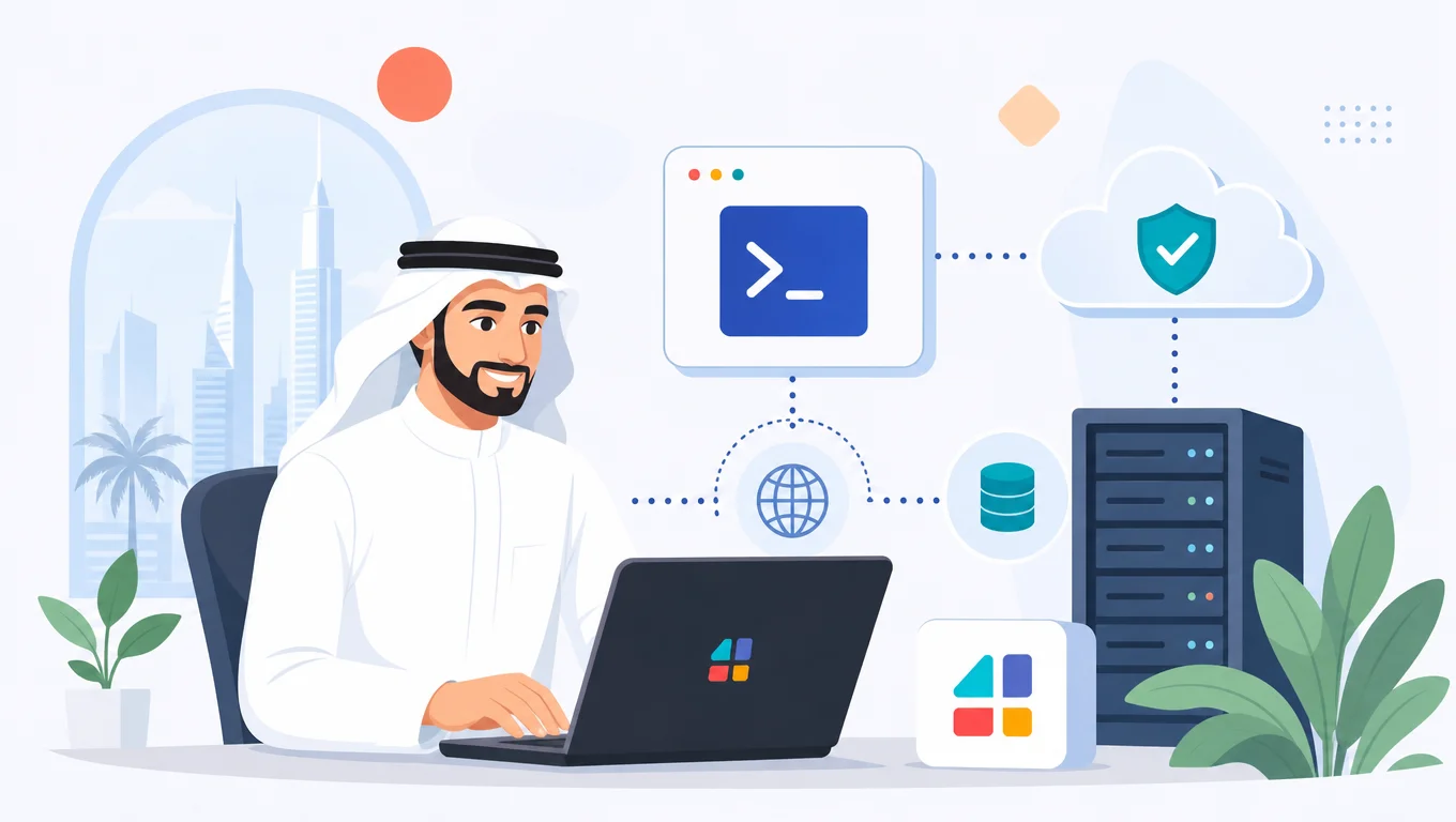 رسم توضيحي لمهندس تقنية أمام خادم وسحابة حماية مرتبطين بمخاطر تلنت