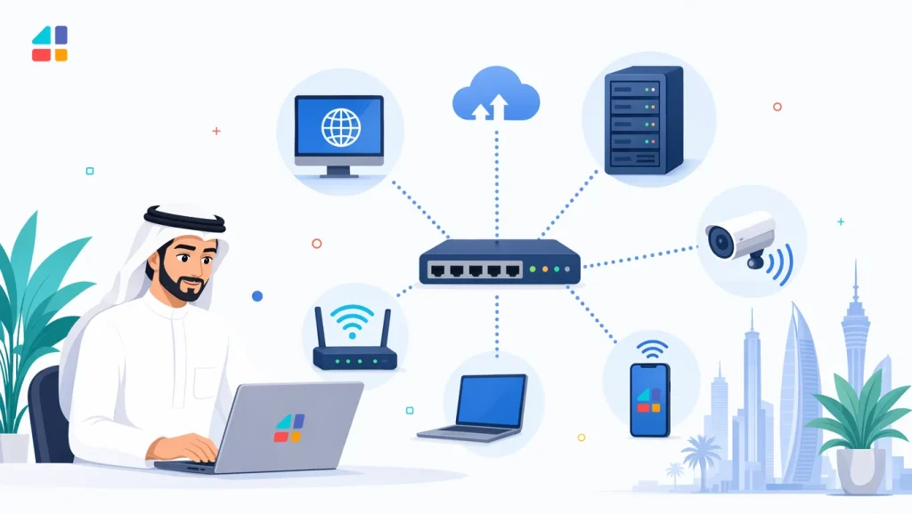 رسم توضيحي لشبكة منزلية متصلة تعرض راوتر وأجهزة ذكية ومخاطر telnet الأمنية