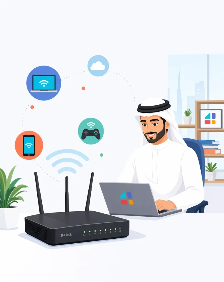 رجل إماراتي يستخدم لابتوب متصل براوتر D-Link عبر telnet مع أجهزة ذكية