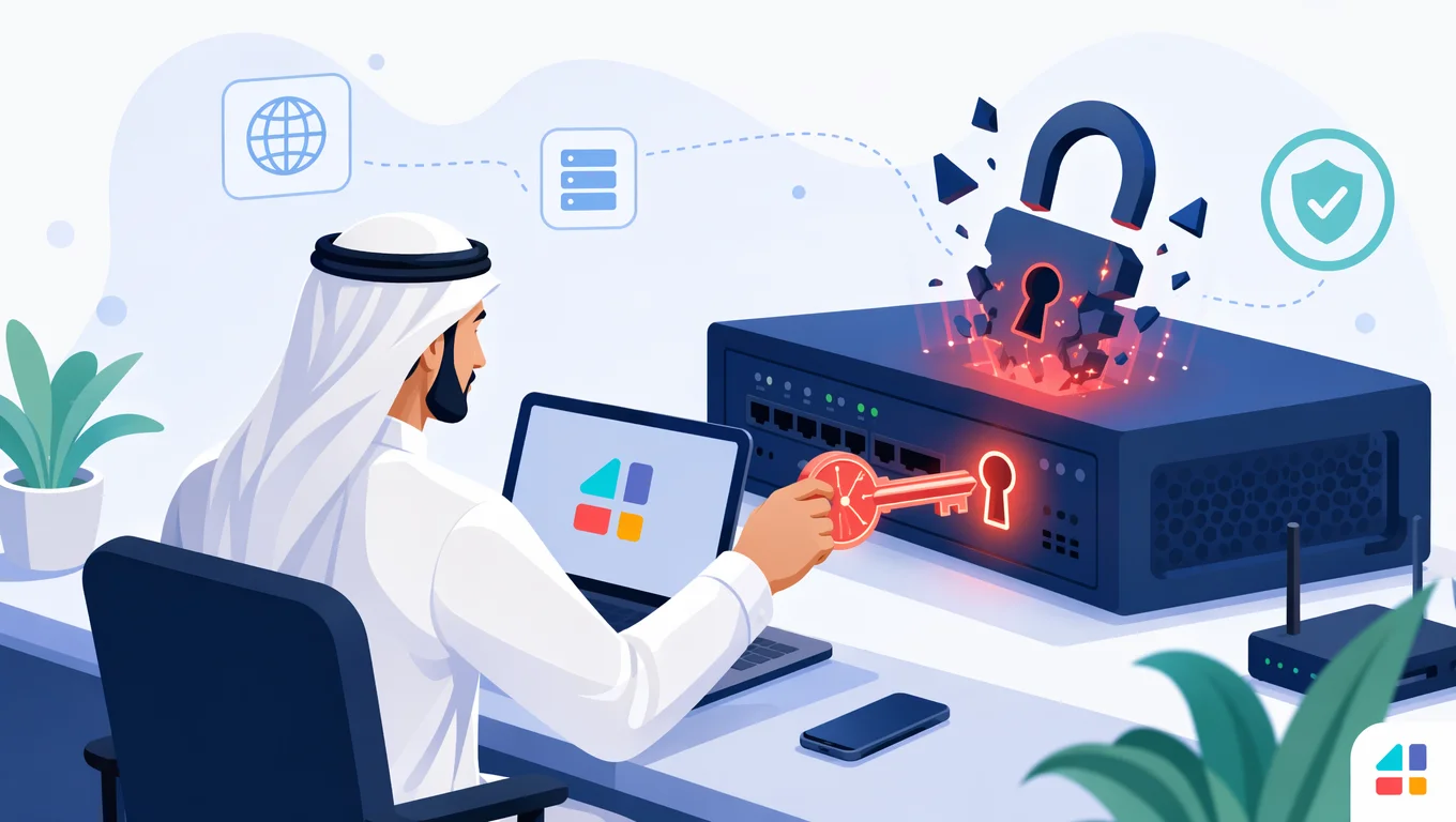 رسم توضيحي لثغرة D-Link DIR-456U مع باب خلفي Telnet وقفل أمني مكسور