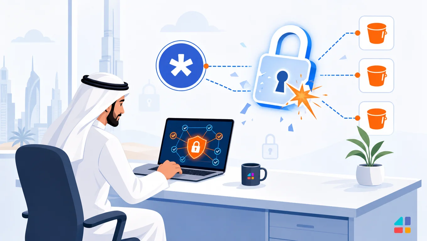 رجل خليجي يستخدم لابتوب لتحليل ثغرة Apache Polaris الأمنية مع قفل مكسور ودلاء S3