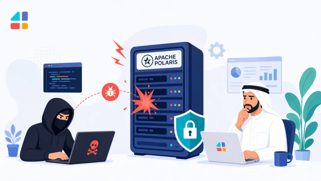 رسم يوضح مهاجما إلكترونيا يستهدف خادم Apache Polaris مع تنبيه أمني ومدير نظام