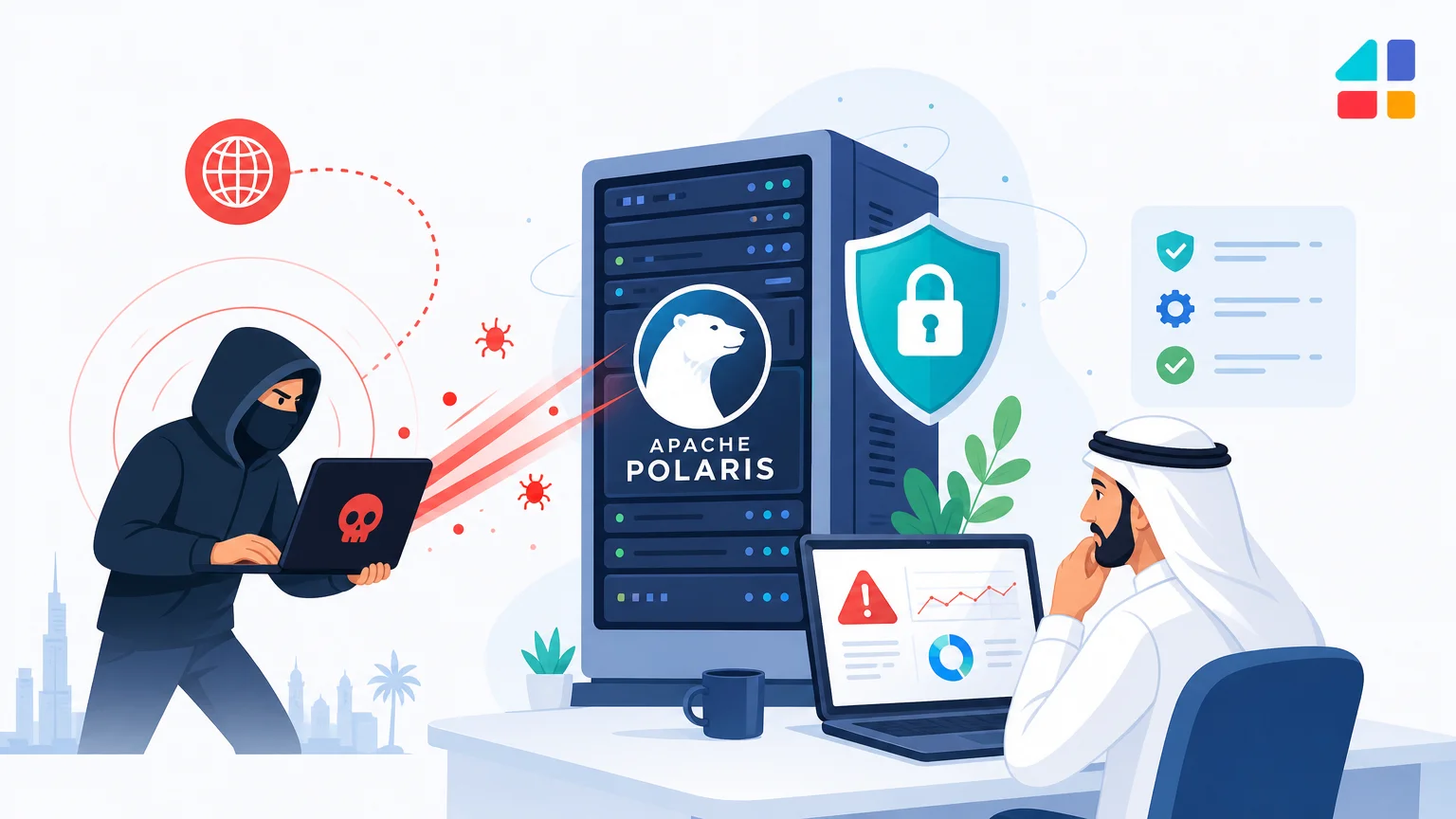 رسم توضيحي لهجوم سيبراني على خادم Apache Polaris واكتشاف ثغرة CVE-2026-42811 الأمنية