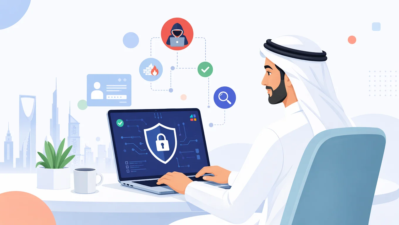 رجل سعودي يعمل على لابتوب يعرض درع حماية Apache Iceberg من الثغرات الأمنية