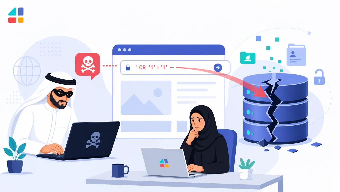 رسم يوضح هجوم حقن SQL على موقع WordPress مع اختراق قاعدة البيانات