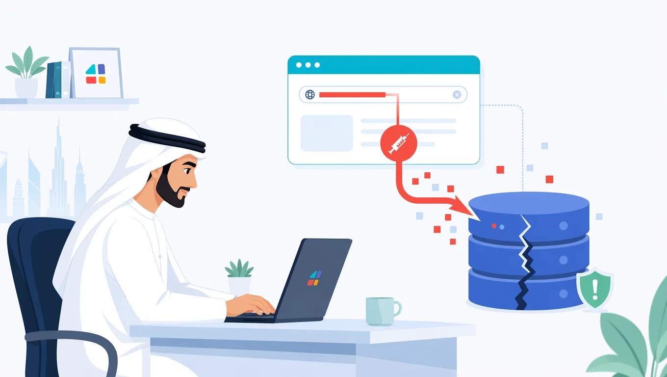 رسم لرجل سعودي أمام لابتوب مع هجوم حقن SQL يستهدف قاعدة بيانات WordPress