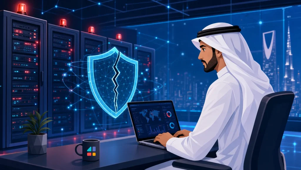 مسؤول سعودي يراقب خوادم WordPress مع درع رقمي يرمز لثغرة أمنية واختراق XSS